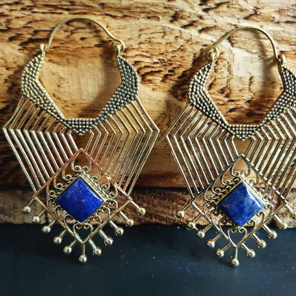 Ethnic Geometric Lapis Lazuli Brass Earrings / Tribal / Rustic / Yoga / Hippie / Gypsy / Psy / Boho / Bohemian / Festival