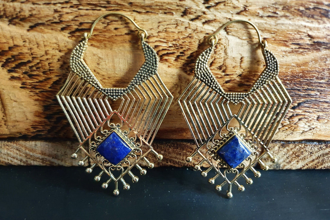 Ethnic Geometric Lapis Lazuli Brass Earrings / Tribal / Rustic / Yoga / Hippie / Gypsy / Psy / Boho / Bohemian / Festival