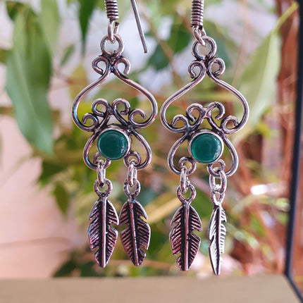 Green Onyx Silver Feather Drop Dangle earrings / Birth Stone / Ethnic / rustic, yoga, hippie, gypsy, pretty, psy, boho, bohemian, festival