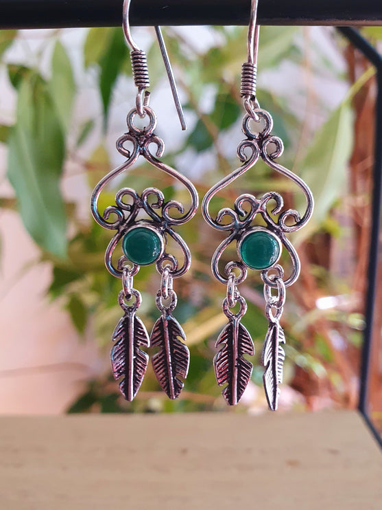 Green Onyx Silver Feather Drop Dangle earrings / Birth Stone / Ethnic / rustic, yoga, hippie, gypsy, pretty, psy, boho, bohemian, festival