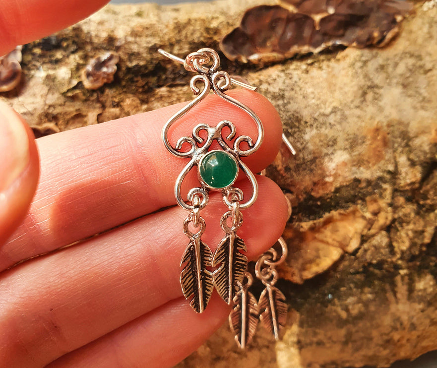 Green Onyx Silver Feather Drop Dangle earrings / Birth Stone / Ethnic / rustic, yoga, hippie, gypsy, pretty, psy, boho, bohemian, festival