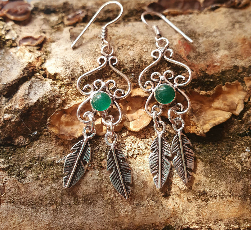 Green Onyx Silver Feather Drop Dangle earrings / Birth Stone / Ethnic / rustic, yoga, hippie, gypsy, pretty, psy, boho, bohemian, festival