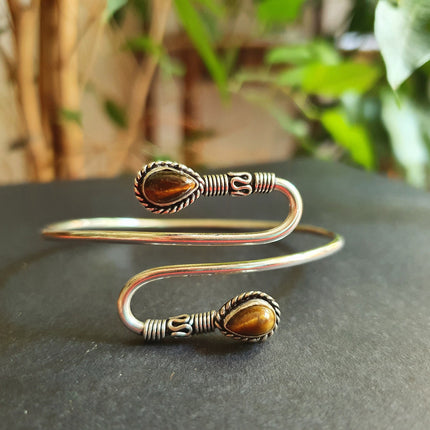 Spiral Boho Bracelet / Bangle / Tiger Eye / Silver / Arm Bracelet / Ethnic / Rustic / Bohemian / Hippie / Gypsy / Psy / Adjustable