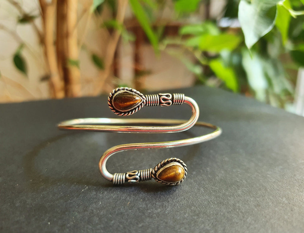 Spiral Boho Bracelet / Bangle / Tiger Eye / Silver / Arm Bracelet / Ethnic / Rustic / Bohemian / Hippie / Gypsy / Psy / Adjustable