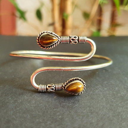 Spiral Boho Bracelet / Bangle / Tiger Eye / Silver / Arm Bracelet / Ethnic / Rustic / Bohemian / Hippie / Gypsy / Psy / Adjustable