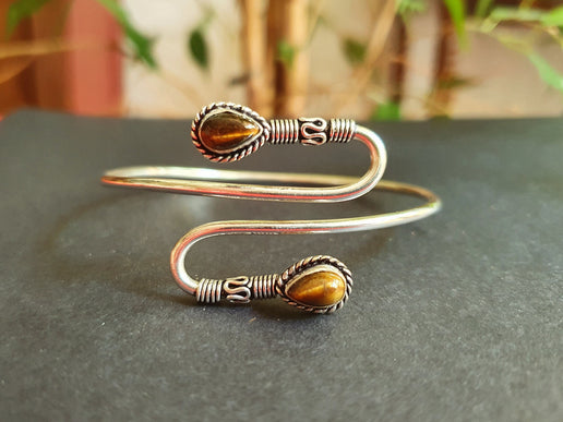 Spiral Boho Bracelet / Bangle / Tiger Eye / Silver / Arm Bracelet / Ethnic / Rustic / Bohemian / Hippie / Gypsy / Psy / Adjustable