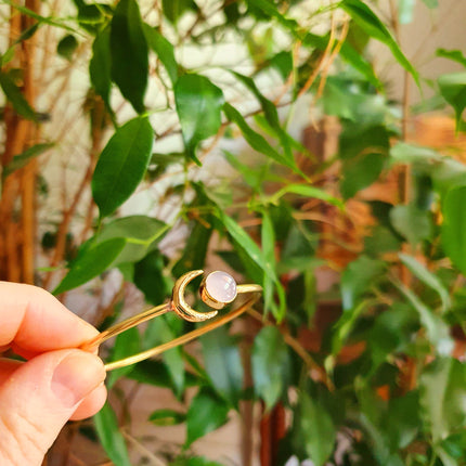 Moon Bracelet / Brass & Rose Quartz / Bangle / Galaxy / Solar System / Planets / Boho / Adjustable / Hippie / Chic / Sun 