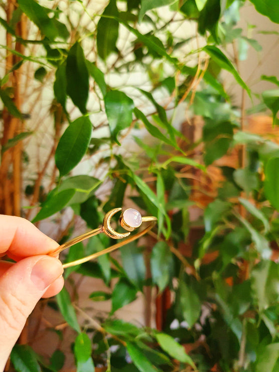 Moon Bracelet / Brass & Rose Quartz / Bangle / Galaxy / Solar System / Planets / Boho / Adjustable / Hippie / Chic / Sun 