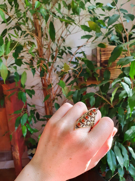 Brass Geometric Diamond Shape Ring / Red Garnet / Large /Boho / Ethnic / Rustic / Tribal / Gypsy / Festival / Indian / Healing / Festival 