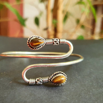 Spiral Boho Bracelet / Bangle / Tiger Eye / Silver / Arm Bracelet / Ethnic / Rustic / Bohemian / Hippie / Gypsy / Psy / Adjustable