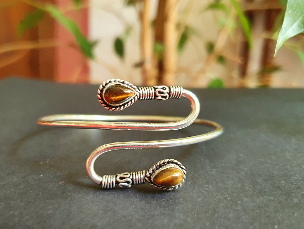 Spiral Boho Bracelet / Bangle / Tiger Eye / Silver / Arm Bracelet / Ethnic / Rustic / Bohemian / Hippie / Gypsy / Psy / Adjustable