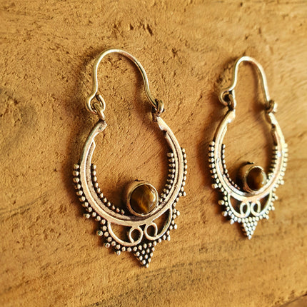 Mini Boho Hoops Tiger Eye Silver Earrings / Triangle / Mandala / Ethnic / Rustic / Yoga / Hippie / Gypsy / Psy / Bohemian / Festival