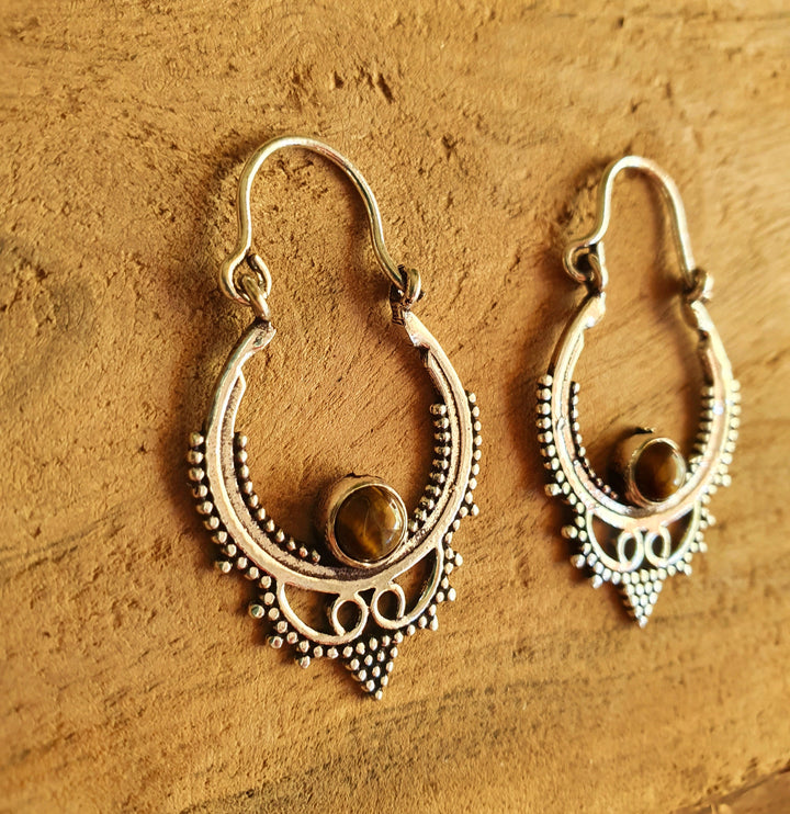 Mini Boho Hoops Tiger Eye Silver Earrings / Triangle / Mandala / Ethnic / Rustic / Yoga / Hippie / Gypsy / Psy / Bohemian / Festival