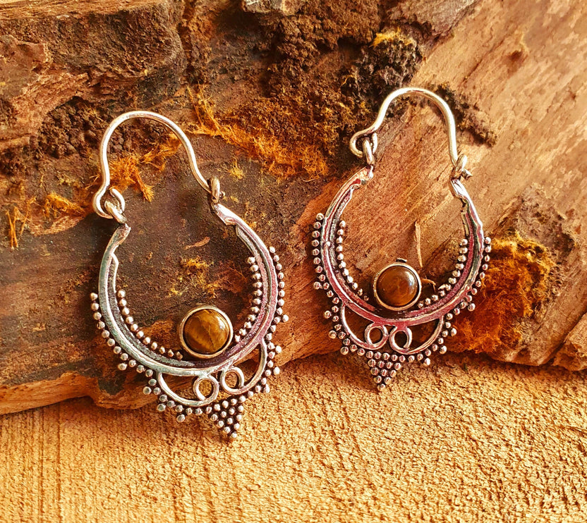 Mini Boho Hoops Tiger Eye Silver Earrings / Triangle / Mandala / Ethnic / Rustic / Yoga / Hippie / Gypsy / Psy / Bohemian / Festival