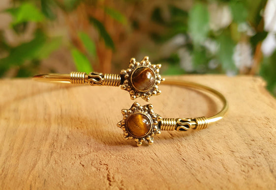 Bali Flower Brass Bracelet / Tiger Eye / Bangle / Ethnic / Rustic / Bohemian / Hippie / Gypsy / Psy / Adjustable