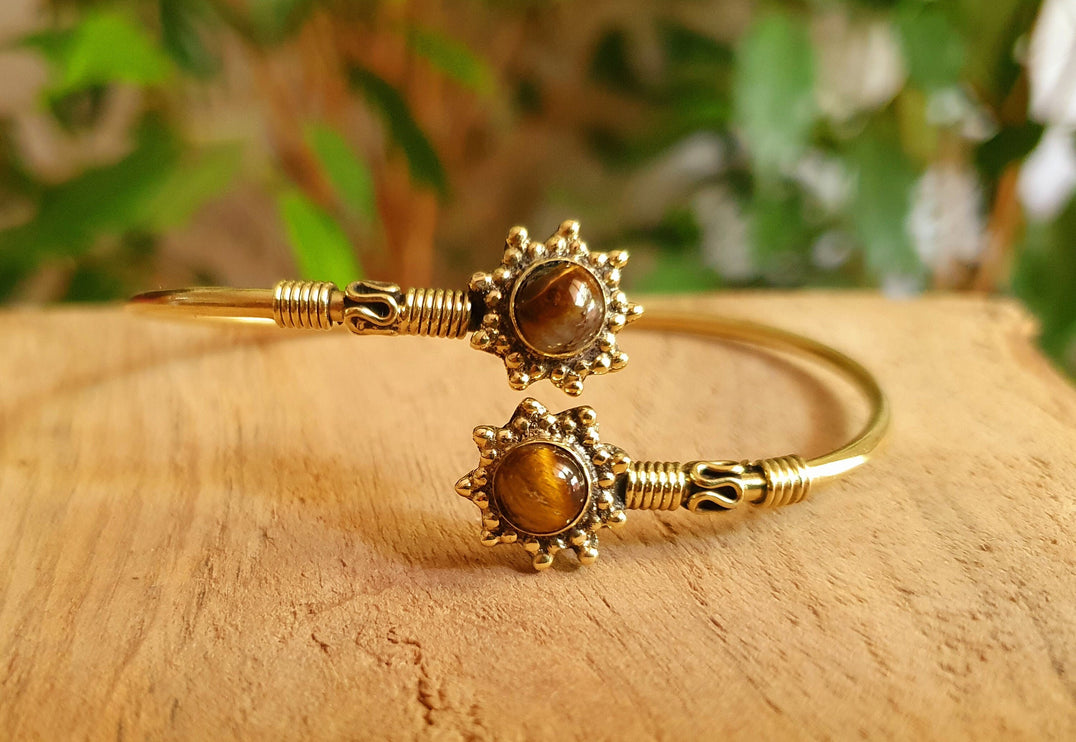 Bali Flower Brass Bracelet / Tiger Eye / Bangle / Ethnic / Rustic / Bohemian / Hippie / Gypsy / Psy / Adjustable