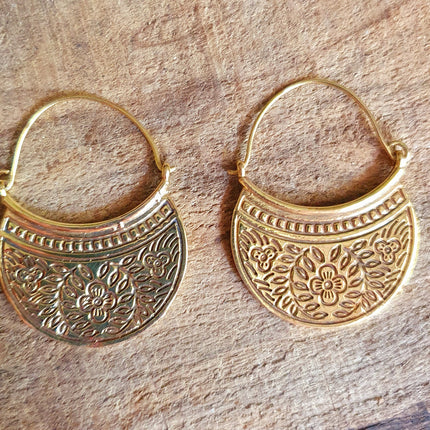 Boho Flower Brass Hoop Earrings; Ethnic, Geometric, Rustic, Yoga, Hippie, Gypsy, Pretty, Psy, Boho, Bohemian, Festival
