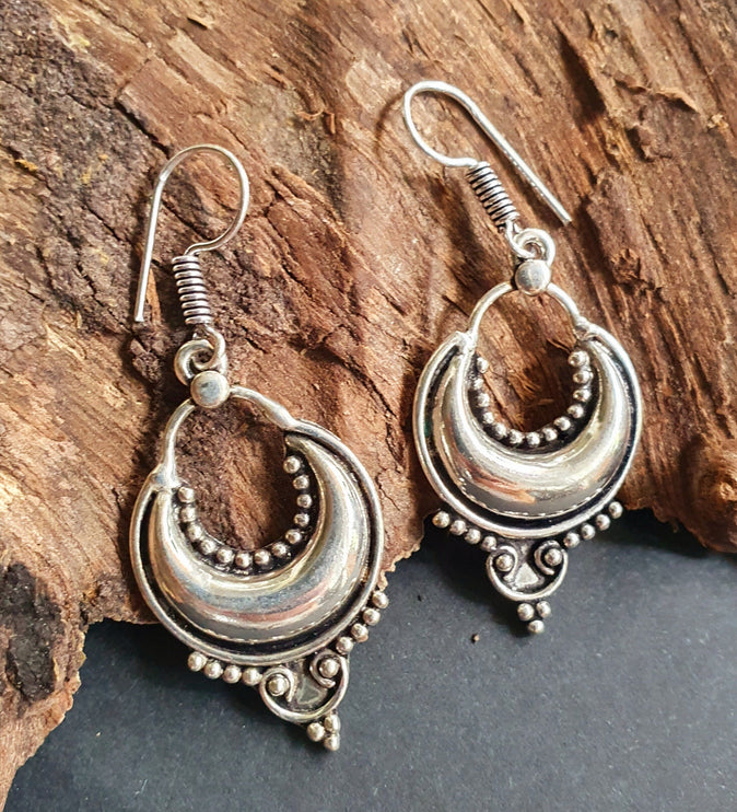 Ethnic Silver Dangle Earrings / Illuminati / Mandala / Geometric / Rustic / Hippie / Gypsy / Psy / Boho / Bohemian /