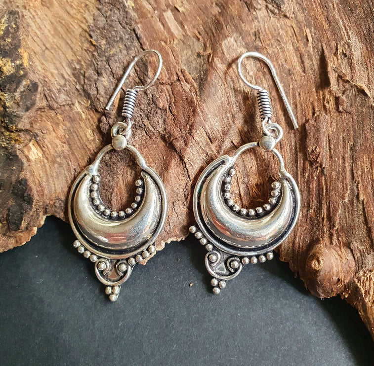 Ethnic Silver Dangle Earrings / Illuminati / Mandala / Geometric / Rustic / Hippie / Gypsy / Psy / Boho / Bohemian /