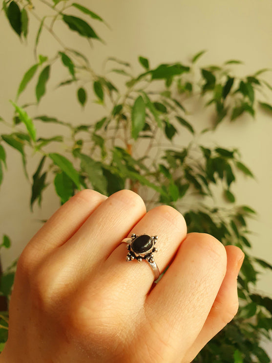 Boho Indian Black Onyx Silver Ring / Ethnic / Rustic / Festival / Tribal / Black / Hippie / Gypsy / Psy / Stone / Healing / Adjustable