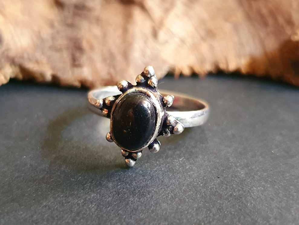 Boho Indian Black Onyx Silver Ring / Ethnic / Rustic / Festival / Tribal / Black / Hippie / Gypsy / Psy / Stone / Healing / Adjustable