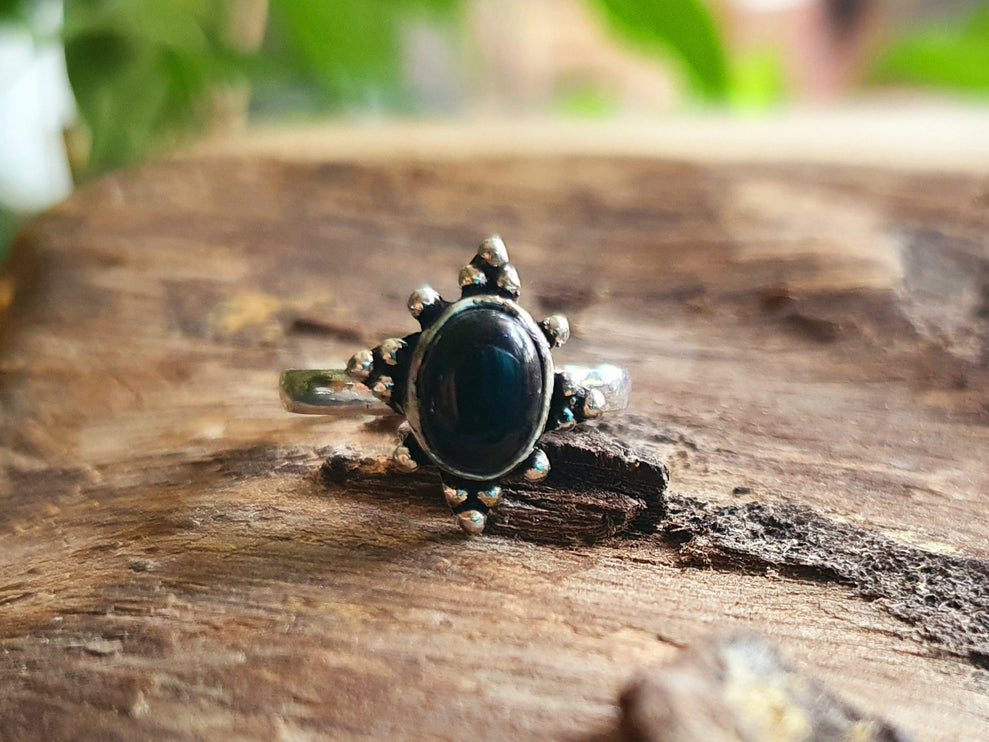 Boho Indian Black Onyx Silver Ring / Ethnic / Rustic / Festival / Tribal / Black / Hippie / Gypsy / Psy / Stone / Healing / Adjustable