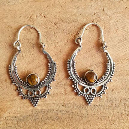 Mini Boho Hoops Tiger Eye Silver Earrings / Triangle / Mandala / Ethnic / Rustic / Yoga / Hippie / Gypsy / Psy / Bohemian / Festival