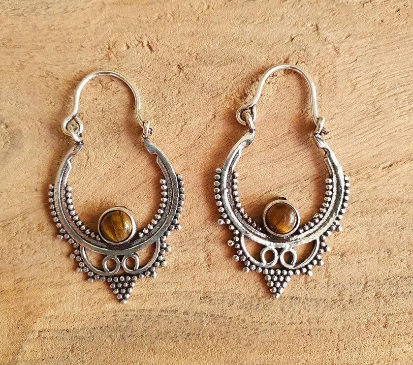 Mini Boho Hoops Tiger Eye Silver Earrings / Triangle / Mandala / Ethnic / Rustic / Yoga / Hippie / Gypsy / Psy / Bohemian / Festival