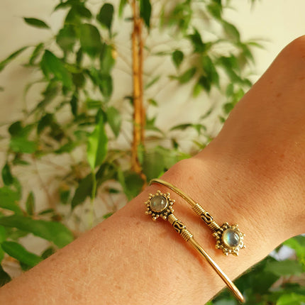 Bali Flower Brass Bracelet / Tiger Eye / Bangle / Ethnic / Rustic / Bohemian / Hippie / Gypsy / Psy / Adjustable