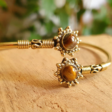 Bali Flower Brass Bracelet / Tiger Eye / Bangle / Ethnic / Rustic / Bohemian / Hippie / Gypsy / Psy / Adjustable