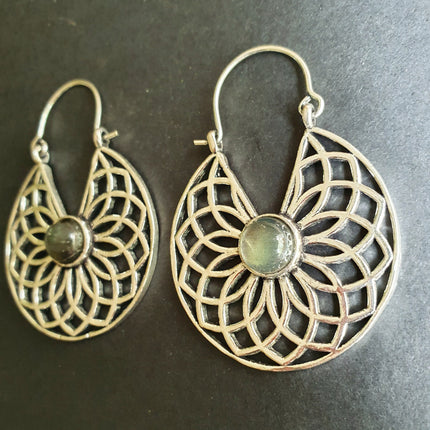 Labradorite Silver Hoop Earrings Ethnic, rustic, yoga, hippie, gypsy, pretty, psy, boho, bohemian, festival