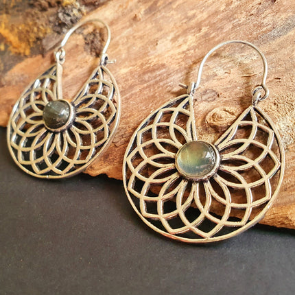 Labradorite Silver Hoop Earrings Ethnic, rustic, yoga, hippie, gypsy, pretty, psy, boho, bohemian, festival