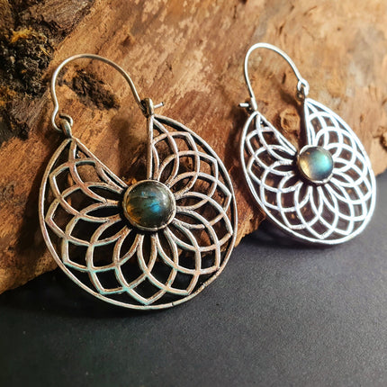 Labradorite Silver Hoop Earrings Ethnic, rustic, yoga, hippie, gypsy, pretty, psy, boho, bohemian, festival