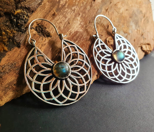 Labradorite Silver Hoop Earrings Ethnic, rustic, yoga, hippie, gypsy, pretty, psy, boho, bohemian, festival