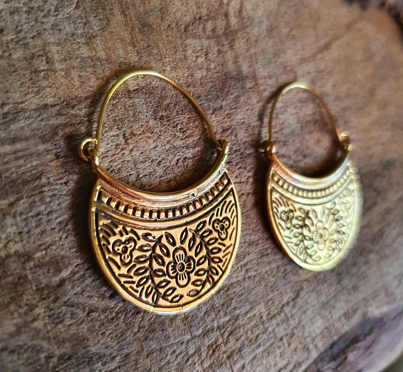 Boho Flower Brass Hoop Earrings; Ethnic, Geometric, Rustic, Yoga, Hippie, Gypsy, Pretty, Psy, Boho, Bohemian, Festival