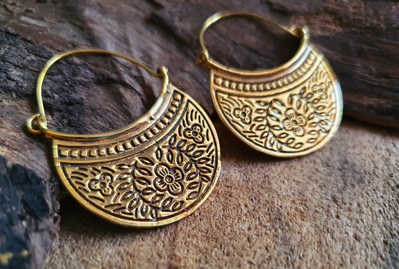 Boho Flower Brass Hoop Earrings; Ethnic, Geometric, Rustic, Yoga, Hippie, Gypsy, Pretty, Psy, Boho, Bohemian, Festival