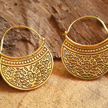 Boho Flower Brass Hoop Earrings; Ethnic, Geometric, Rustic, Yoga, Hippie, Gypsy, Pretty, Psy, Boho, Bohemian, Festival