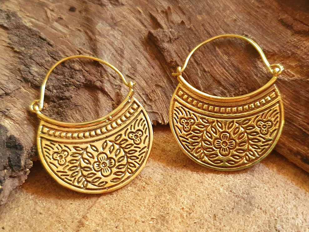 Boho Flower Brass Hoop Earrings; Ethnic, Geometric, Rustic, Yoga, Hippie, Gypsy, Pretty, Psy, Boho, Bohemian, Festival