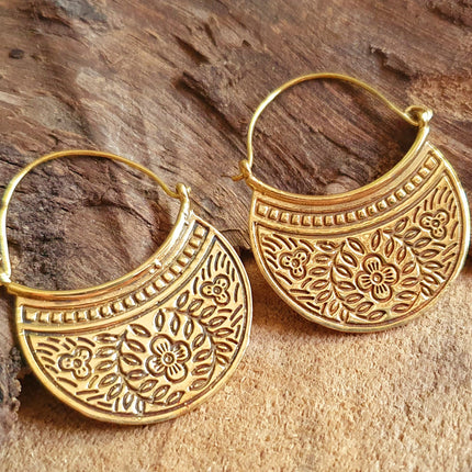 Boho Flower Brass Hoop Earrings; Ethnic, Geometric, Rustic, Yoga, Hippie, Gypsy, Pretty, Psy, Boho, Bohemian, Festival