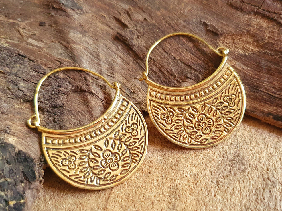 Boho Flower Brass Hoop Earrings; Ethnic, Geometric, Rustic, Yoga, Hippie, Gypsy, Pretty, Psy, Boho, Bohemian, Festival