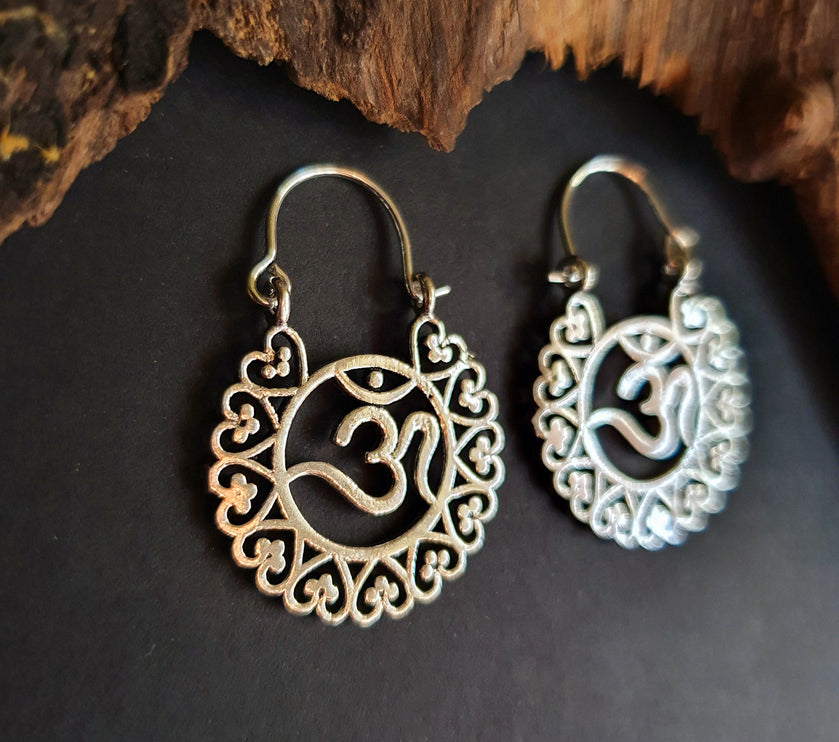 Ohm Yoga Om Boho Silver Earrings; Ethnic, Geometric, Small, Rustic, Yoga, Hippie, Gypsy, Pretty, Ssy, Boho, Bohemian, Festival