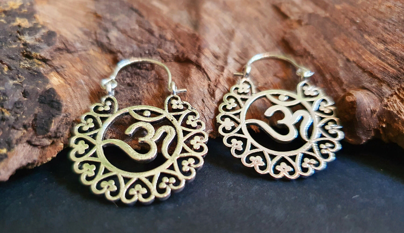 Ohm Yoga Om Boho Silver Earrings; Ethnic, Geometric, Small, Rustic, Yoga, Hippie, Gypsy, Pretty, Ssy, Boho, Bohemian, Festival