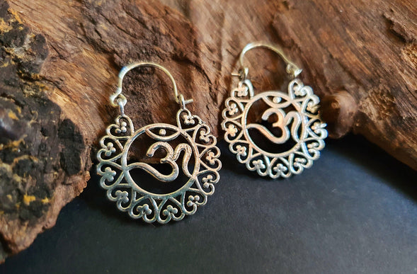 Ohm Yoga Om Boho Silver Earrings; Ethnic, Geometric, Small, Rustic, Yoga, Hippie, Gypsy, Pretty, Ssy, Boho, Bohemian, Festival