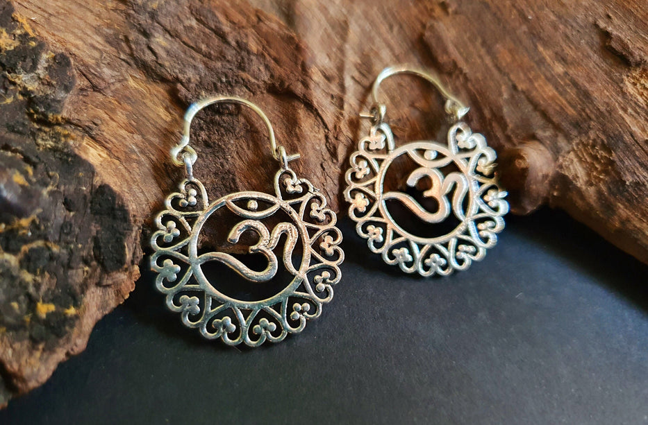 Ohm Yoga Om Boho Silver Earrings; Ethnic, Geometric, Small, Rustic, Yoga, Hippie, Gypsy, Pretty, Ssy, Boho, Bohemian, Festival