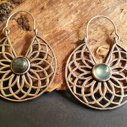 Labradorite Silver Hoop Earrings Ethnic, rustic, yoga, hippie, gypsy, pretty, psy, boho, bohemian, festival