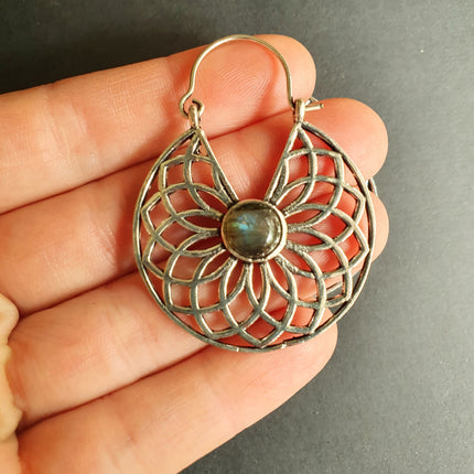 Labradorite Silver Hoop Earrings Ethnic, rustic, yoga, hippie, gypsy, pretty, psy, boho, bohemian, festival