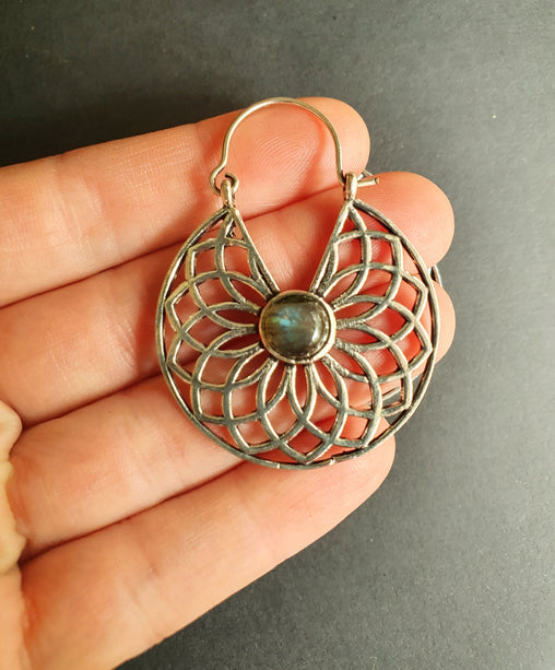 Labradorite Silver Hoop Earrings Ethnic, rustic, yoga, hippie, gypsy, pretty, psy, boho, bohemian, festival