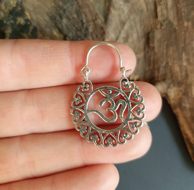 Ohm Yoga Om Boho Silver Earrings; Ethnic, Geometric, Small, Rustic, Yoga, Hippie, Gypsy, Pretty, Ssy, Boho, Bohemian, Festival