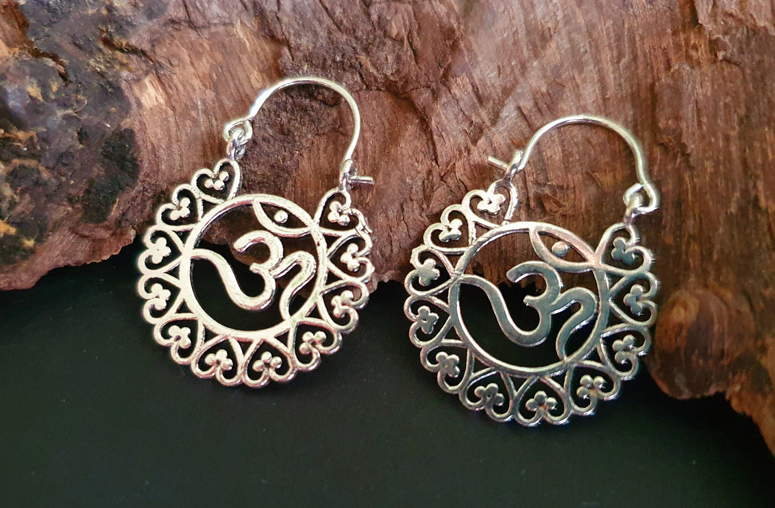 Ohm Yoga Om Boho Silver Earrings; Ethnic, Geometric, Small, Rustic, Yoga, Hippie, Gypsy, Pretty, Ssy, Boho, Bohemian, Festival