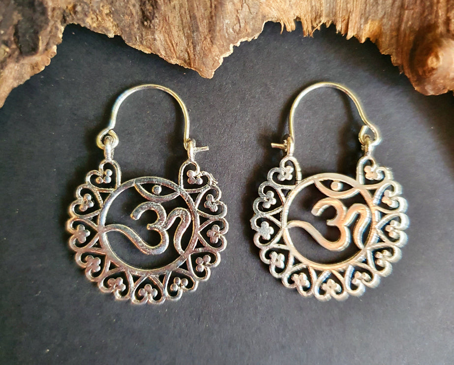 Ohm Yoga Om Boho Silver Earrings; Ethnic, Geometric, Small, Rustic, Yoga, Hippie, Gypsy, Pretty, Ssy, Boho, Bohemian, Festival